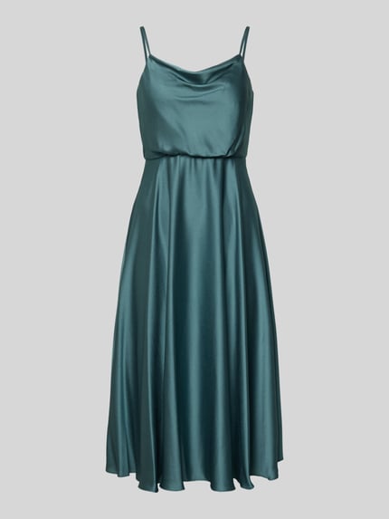 Productfoto, Cocktailkleid mit Wasserfall-Ausschnitt van Jake*s Cocktail, getailleerde fit, satijn, spaghettibandjes, midi-lengte, ritssluiting achter, smaragdgroen, glanzende zachte textuur