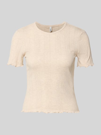Produktfoto, Slim Fit T-Shirt aus Baumwoll-Mix Modell 'TENNA' von ONLY für Damen, beige, feine Rippstruktur, glatte Textur, dezent gewellte Abschlüsse