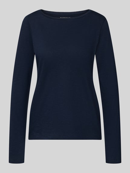Produktfoto, Regular Fit Langarmshirt aus Bio-Baumwoll-Mix von Tom Tailor in dunkelblauer Melange-Optik, U-Boot-Ausschnitt, glatte Textur