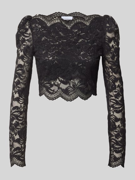 Produktfoto, Cropped Langarmbluse aus Spitze von Rabanne in Schwarz, semitransparent, elastischer Material-Mix, figurbetont, florale Muster