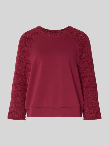 Produktfoto, Relaxed Fit Pullover mit Strick-Besatz von Marc Cain in Dunkelrot aus Baumwoll-Mix, Rundhalsausschnitt, elastischer Abschluss