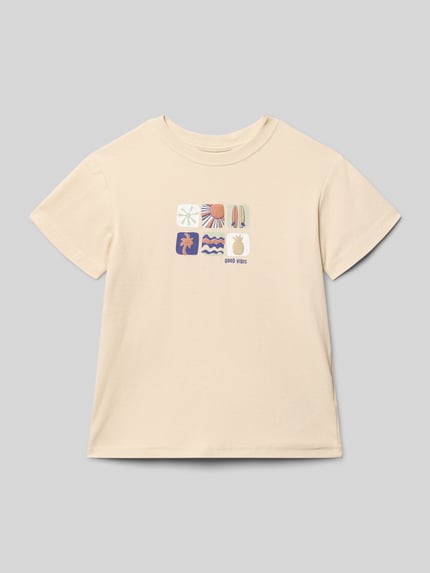 Produktfoto, Regular Fit T-Shirt mit Motiv-Print von Blue Seven, Kinder T-Shirt aus Reine Baumwolle in Beige mit buntem Motiv-Print, Rundhalsausschnitt, Rückenlänge bei Größe 116: 42 cm, glatte Struktur und gerade Form.