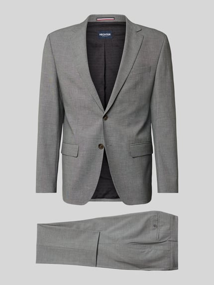 Produktfoto, Regular Fit Anzugjacke mit Viskose-Anteil von HECHTER PARIS in Grau, Elastischer-Material-Mix, Reverskragen, Brusttasche, Doppelknopfleiste, Bundweite 44 cm, Rückenlänge 74 cm, Schulterbreite 45 cm, Ärmellänge 64 cm, Innenbeinlänge 82 cm.