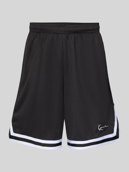 Produktfoto, Relaxed Fit Shorts mit Logo-Stitching von KARL KANI, schwarze Mesh-Optik, weißer Abschluss, elastischer Bund, Herren Shorts, Bundweite 36 cm, Innenbeinlänge 21 cm, Größe M