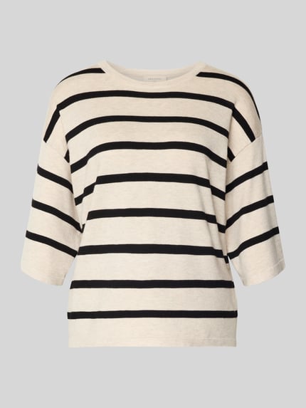 Produktfoto, Strickshirt aus Viskose-Mix Modell 'Conny' von FREE/QUENT, Damen Relaxed-Fit, schwarz-beige gestreift, Rundhalsausschnitt, 3/4-Arm, Rückenlänge 57 cm, Ärmellänge 26 cm, weiche Oberfläche, klare Streifenform.