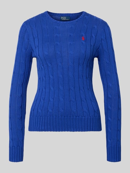 Produktfoto, Strickpullover mit Zopfmuster Modell 'JULIANNA' von Polo Ralph Lauren, bawełna, krój slim fit, kolor niebieski, dekolt okrągły, logo, długość tyłu 58 cm, długość rękawa 69 cm