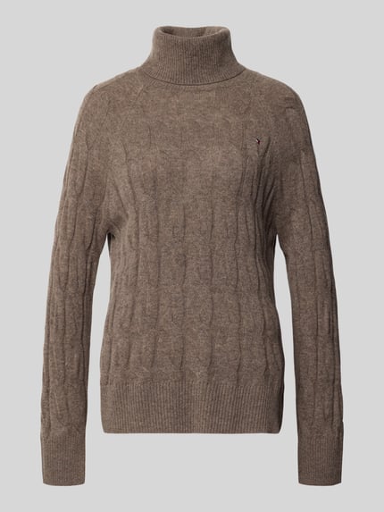 Produktfoto, brązowy Relaxed Fit Rollkragenpullover aus reiner Wolle von Tommy Hilfiger, struktura swetra, sweter z golfem dla kobiet