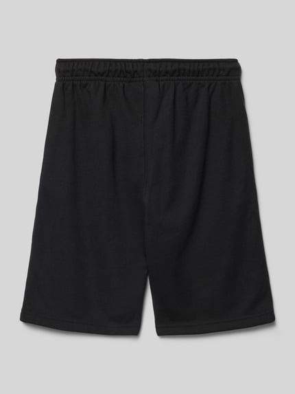 Produktfoto, schwarze Shorts mit Logo und elastischem Bund von CHAMPION, aus Baumwoll-Mix, Relaxed Fit, Tunnelzug, glatte Struktur.