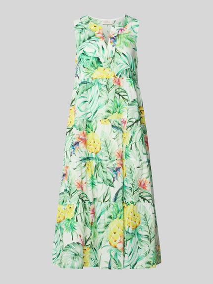 Produktfoto, Midikleid mit floralem Allover-Print von ROBE LÉGÈRE aus Reiner Baumwolle in Weiß mit buntem floralen Muster, taillierte Passform, Tunika-Ausschnitt, Ärmelloses-Design, Rückenlänge 115 cm, Brustweite 43 cm.