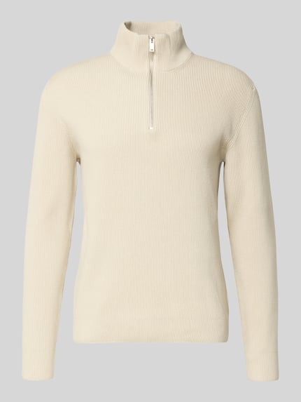 Produktfoto, cremefarbener Strickpullover mit Stehkragen und Reißverschluss von Lindbergh, Ripp-Optik, Baumwoll-Mix, Regular Fit