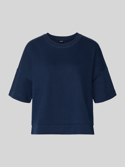 Productfoto, donkerblauwe Boxy Fit T-shirt model 'Tilina' van JOOP! van katoenmix, ronde hals, effen kleur, dames T-shirt