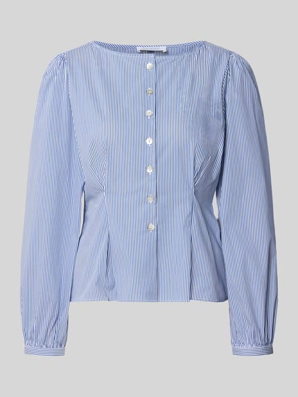 Productfoto, Bluse aus Baumwoll-Mix mit Peplum-Saum van Rich & Royal, blauw-wit gestreepte katoenmix, getailleerde pasvorm, knoopsluiting, met lange mouwen