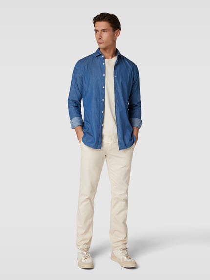 Xacus Regular Fit Businesshemd aus Uni Struktur Jeansblau 1