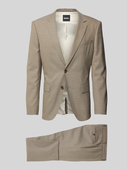 Produktfoto, Slim Fit Anzug aus Schurwoll-Mix Modell 'H-HUGE-2Pcs-253' von BOSS, Optik: Unifarben, Zweiteiler, Sakko mit Doppelschlitz, Hose mit Bügelfalten, Reverskragen, 2-Knopf-Verschluss, seitliche Eingrifftaschen, Gesäßtaschen, dezente Textur in hellem Beige.