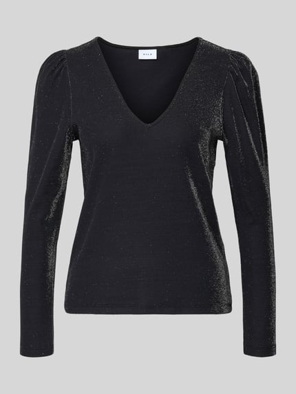 Produktfoto, schwarzes Longsleeve mit V-Ausschnitt Modell 'ELEINAS' von Vila mit Glitter-Effekt, Material-Mix mit Stretch-Anteil, lockerer Schnitt.
