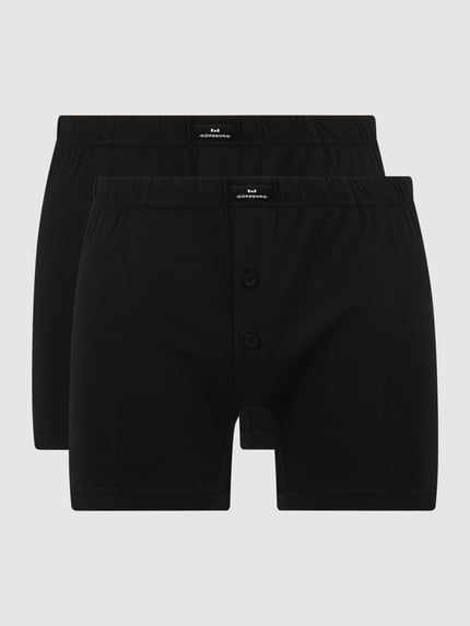 Produktfoto, Boxershorts met elastische band van Götzburg, puur katoen, nauwsluitend model, labeldetail, knoopsluiting, zwart, glad oppervlak
