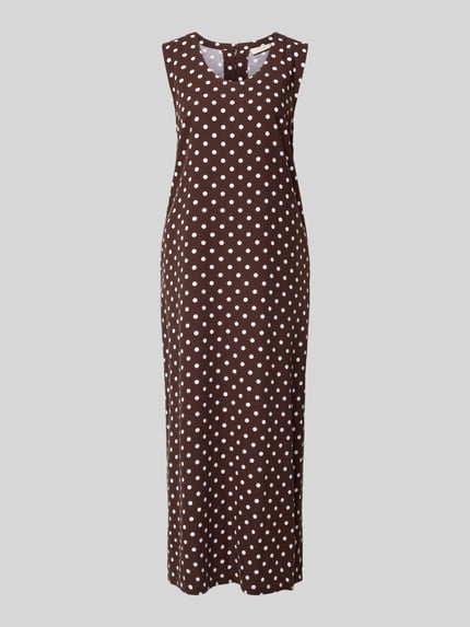 Produktfoto, Midikleid aus viscosemix met linnen en steekzakken model 'Lavisco' van FREE/QUENT, straight fit, ronde hals, bruine stof met witte stippen
