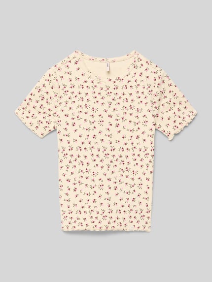 Produktfoto, Slim Fit T-shirt aus katoenmix model 'TRINNY' von Only voor kinderen, all-over motief, fijnribstructuur, korte mouw, ronde hals, frill mouwboord en rompzoom.