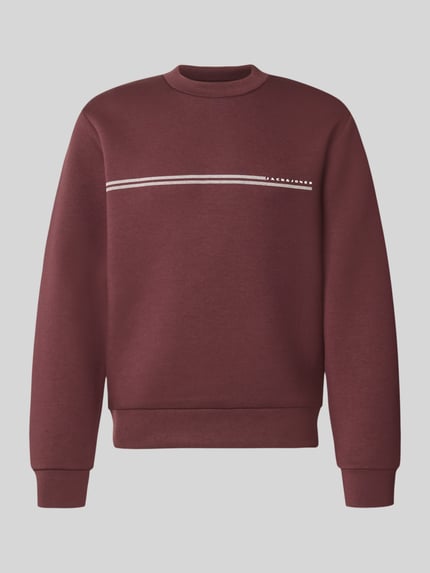 Produktfoto, Relaxed Fit Sweatshirt mit Viskose-Anteil Modell 'Fusion' von JACK & JONES in Dunkelrot, Logo-Print, elastische Abschlüsse, Material-Mix