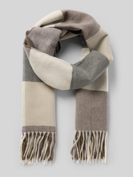 Produktfoto, Schal im Allover-Look mit Fransen von MCNEAL, rechteckig, Material-Mix mit Viskose, breite Streifen in Beige, Grau und Braun.