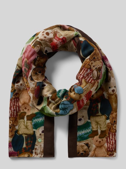 Produktfoto, Schal aus reiner Viskose mit Allover-Motiv-Print von Codello, braune und bunte Farben, rechteckige Form, feine glatte Textur, sichtbares Logo-Detail, Breite 95 cm