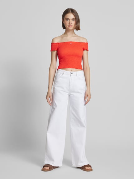 Tommy Jeans Top krótki o kroju slim fit z marszczonymi wstawkami Koralowy 1