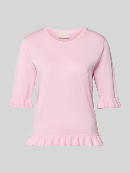 Produktfoto, Regular Fit T-Shirt aus Viskose-Mix Modell 'Katie' von FREE/QUENT, różowy kolor, faktura dzianiny, marszczone wykończenia, damska koszulka z krótkim rękawem, okrągły dekolt, długość tyłu w rozmiarze S: 56 cm, długość rękawa w rozmiarze S: 33 cm