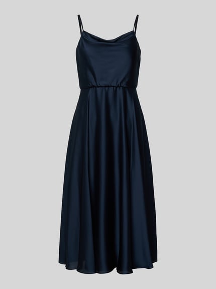 Produktfoto, Cocktailkleid mit Wasserfall-Ausschnitt von Jake*s Cocktail, donkerblauw satijn, taillierte fit, midi-lengte, spaghettibandjes, achterkant met rits