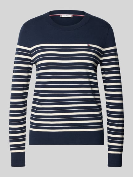 Produktfoto, Regular Fit Strickpullover aus Baumwoll-Mix von Tommy Hilfiger w paski, granatowy, logo, długi rękaw, prążkowane wykończenia, bawełniany miks