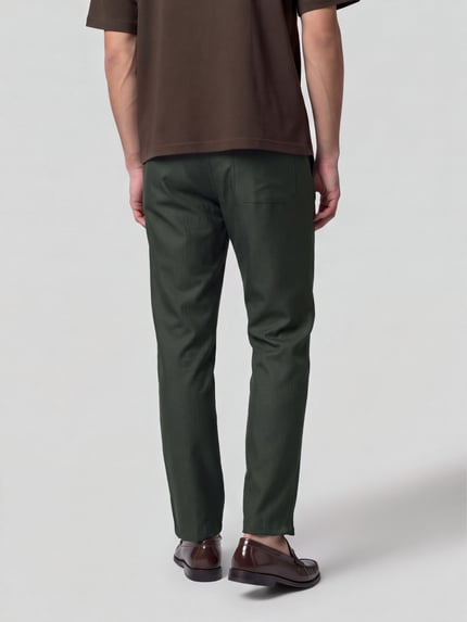 Männermodel trägt Regular Fit Hose mit Tunnelzugbund von ONLY & SONS, dunkelgrün, strukturierte Webware, Straight Leg, Ganzkörperansicht Rückansicht.