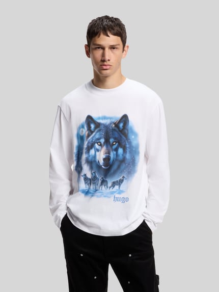HUGO Blue T-Shirt mit Wolf-Motivprint Weiss 4