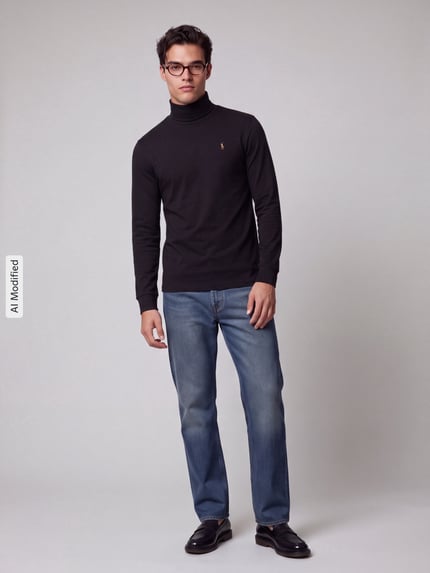 Männermodel trägt Regular Fit Rollkragenpullover aus reiner Baumwolle von Polo Ralph Lauren in Schwarz zu Jeans, Ganzkörperansicht von vorne, KI-modifiziertes Bild