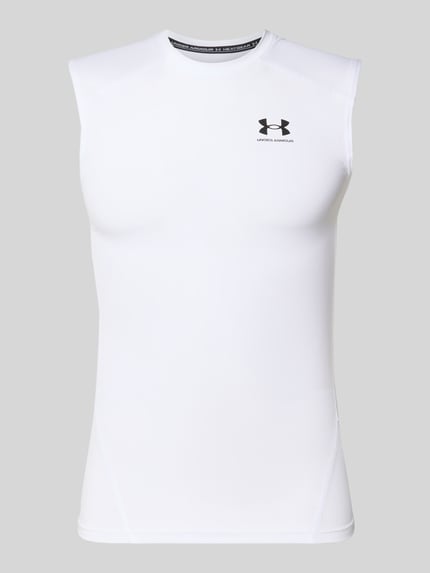 Produktfoto, weißes Slim Fit Top mit Logo-Print von Under Armour, elastischer Material-Mix, Rundhalsausschnitt, Herrenoberteil