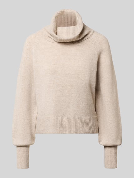 Produktfoto, Rollkragenpullover mit weitem Umschlagkragen von ONLY, unifarben, Strick, lange Raglanärmel, gerippte Abschlüsse, beige Farbe