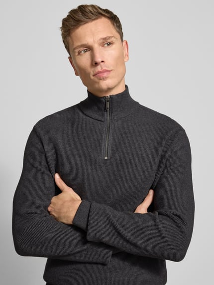 MCNEAL Slim Fit Troyer aus reiner Baumwolle Dunkelgrau Melange 3