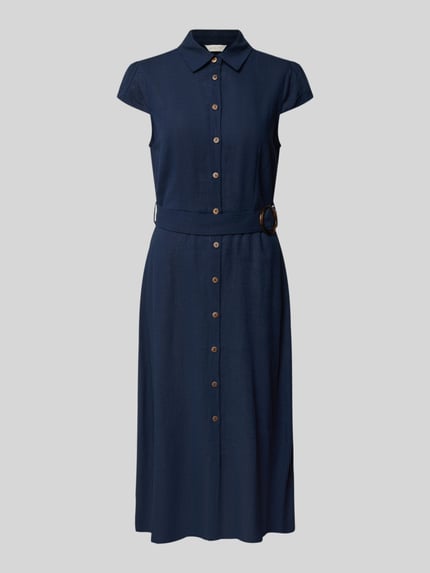 Produktfoto, Hemdblusenkleid aus Viskose-Leinen-Mix mit Gürtel von Apricot, dunkelblau, taillierter Schnitt, Midikleid, Hemdblusenkragen, Knopfleiste, Damen, Rückenlänge 114 cm, Brustweite 48 cm, Ärmellänge 10 cm