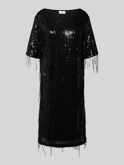 Produktfoto, Knielanges Kleid mit Pailletten und Fransen von Milano Italy in Schwarz, gerader Schnitt, glänzende Oberfläche, Rundhalsausschnitt
