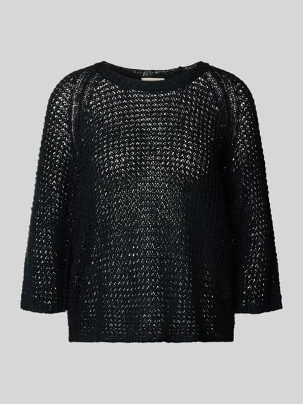 Produktfoto, Strickshirt mit Rundhalsausschnitt und 3/4-Arm von FREE/QUENT, Grobstrick in Schwarz, gerippter Rundhalsausschnitt, Straight Fit