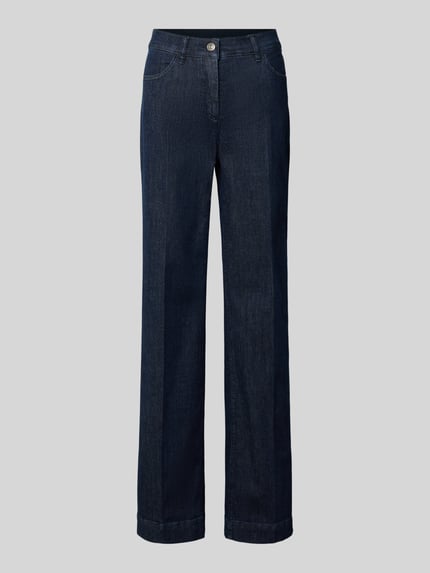 Productfoto, donkerblauwe jeans met rechte pijpen, gladde katoenen stofstructuur, Wide & Loose Fit Jeans uit mix van katoen en lyocell model 'Jenny' van TONI, dames loose fit jeans van TONI