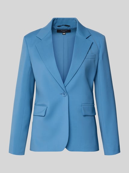 Produktfoto, taillierter Blazer aus reiner Schurwolle Modell 'LAMINE' von Weekend Max Mara in Unifarbe Blau mit Reverskragen, 1-Knopf-Verschluss, Pattentaschen und Zierknöpfen, feine glatte Struktur