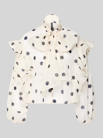 Produktfoto, Regular Fit Schluppenbluse mit Rüschen Modell 'DOROTHY' von Vero Moda in Weiß mit schwarzen Polka Dots, semitransparent, Ballonärmel