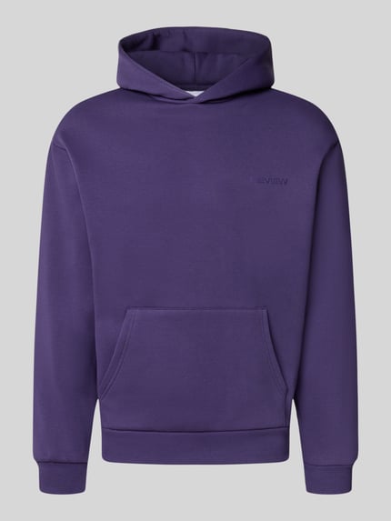 Produktfoto, violetter Regular Fit Hoodie aus Baumwoll-Mix mit Label-Detail, Känguru-Tasche und elastischen Abschlüssen, REVIEW