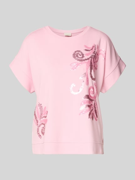 Produktfoto, T-Shirt aus Viskose-Mix mit Pailletten von Milano Italy, różowy kolor, krój regular fit, okrągły dekolt, cekiny, długość tyłu w rozmiarze S: 56 cm