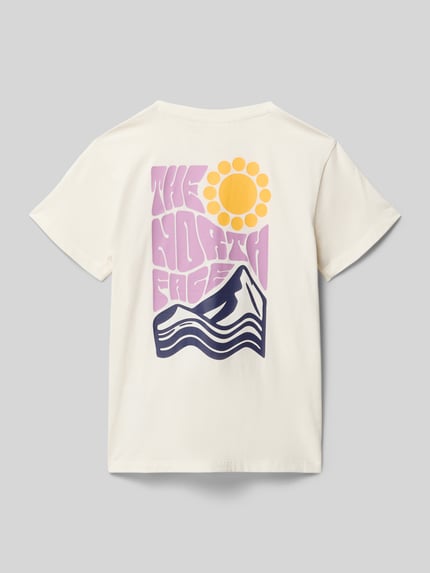 Produktfoto, Relaxed Fit T-Shirt mit Logo-Print Modell 'Voyage' von The North Face, Kinder T-Shirt aus Reine Baumwolle, heller Grundton, bunter Print auf Rückseite, Rundhalsausschnitt, Rückenlänge bei Größe M 50 cm