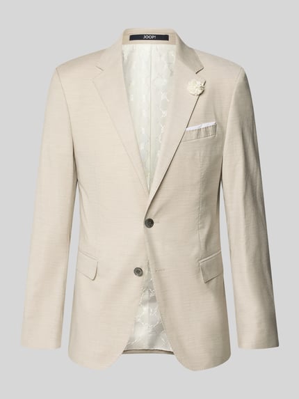 Produktfoto, Sakko mit Einstecktuch Modell 'Wedding Herby' von JOOP! Collection, hellbeiger Schurwolle mit Viskose-Anteil, florale Applikation, Regular-Fit, Reverskragen, Brustleistentasche, Pattentaschen, dezente Struktur, für Hochzeitsmode.
