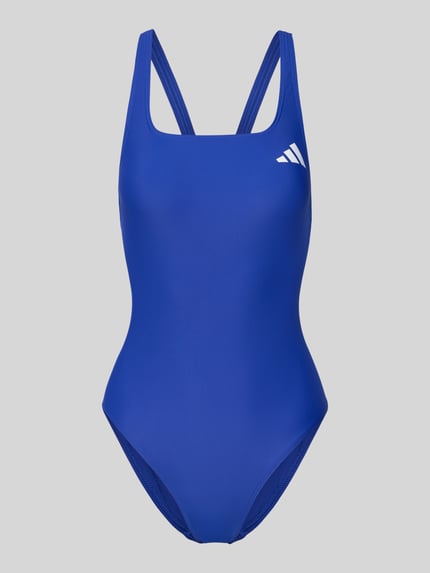 Produktfoto, Slim Fit Sportbadeanzug mit Logo-Print von adidas Sportswear in Unifarben Blau, breite Träger, Stretch-Webstruktur