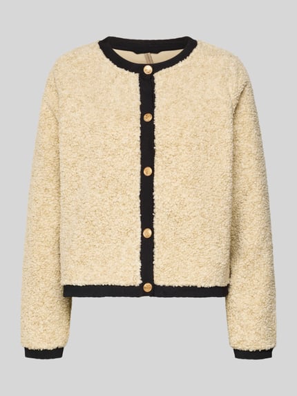 Produktfoto, Strickjacke mit Knopfleiste Modell 'BESSIE' von Soyaconcept in Beige mit schwarzen Rändern, grobe Struktur, Regular Fit, Rundhalsausschnitt, gerippte Abschlüsse