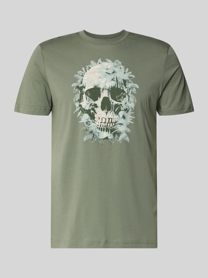 Produktfoto, Regular Fit T-Shirt mit Motiv-Print von Antony Morato aus reiner Baumwolle, Rundhalsausschnitt, olivgrün, Größe M, Rückenlänge 69 cm