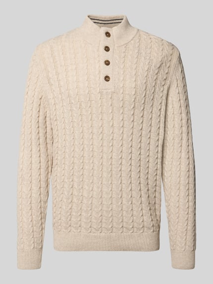 Produktfoto, Strickpullover mit gerippten Abschlüssen von Fynch-Hatton in Beige aus Baumwoll-Woll-Mix, Regular-Fit, Stehkragen, Knopfleiste