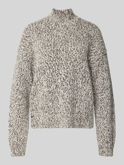 Productfoto, oversized pullover uit wolmix van Lacoste, zwart-witte melange, grof gebreide textuur, dames pullover